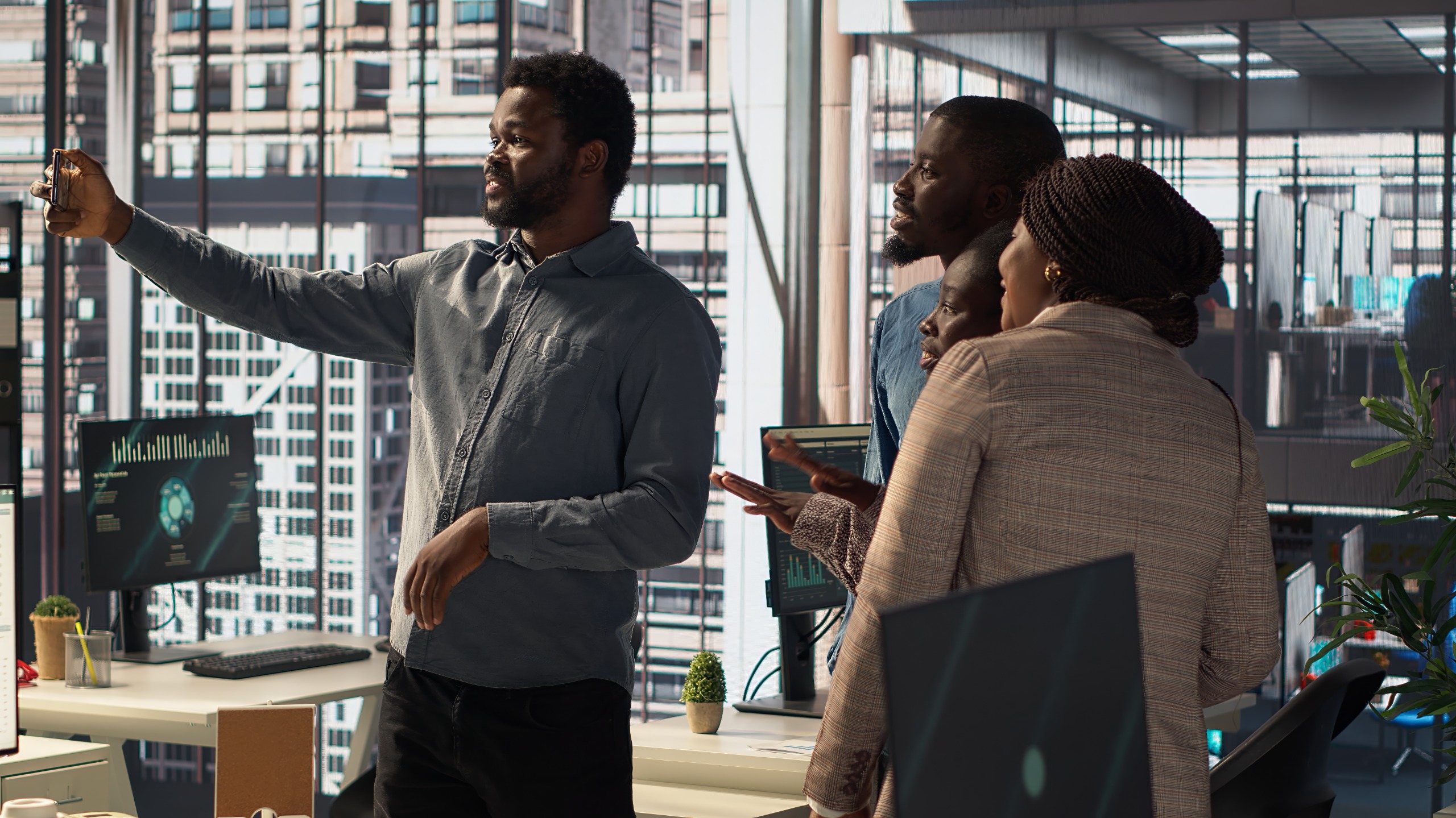 A multidisciplinary team collaborating in a modern office environment
